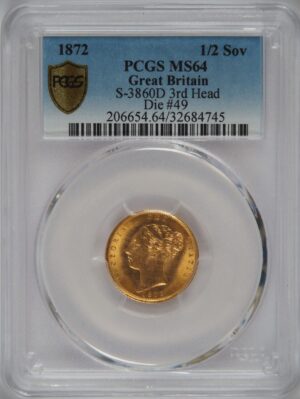 1872年ヴィクトリアヤングヘッドハーフソブリン金貨PCGS MS62