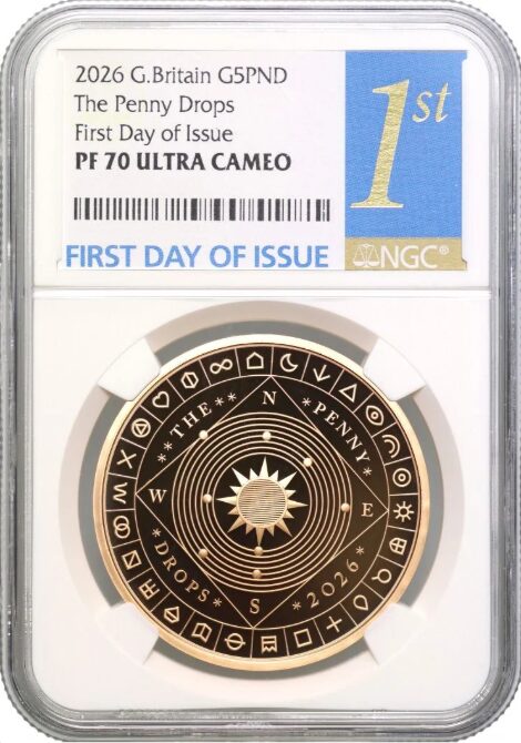 2026年 チャールズ3世 イギリス 5ポンド金貨 プルーフ 「ザ・ペニー・ドロップス」 NGC PF70 UC FDI