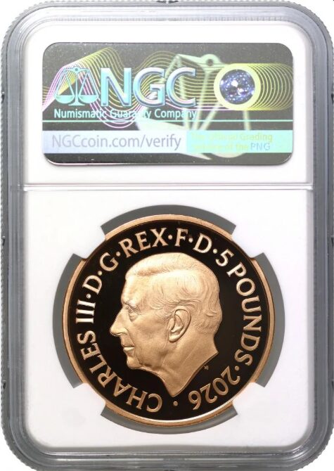 2026年 チャールズ3世 イギリス 5ポンド金貨 プルーフ 「ザ・ペニー・ドロップス」 NGC PF70 UC FDI - 画像 (2)